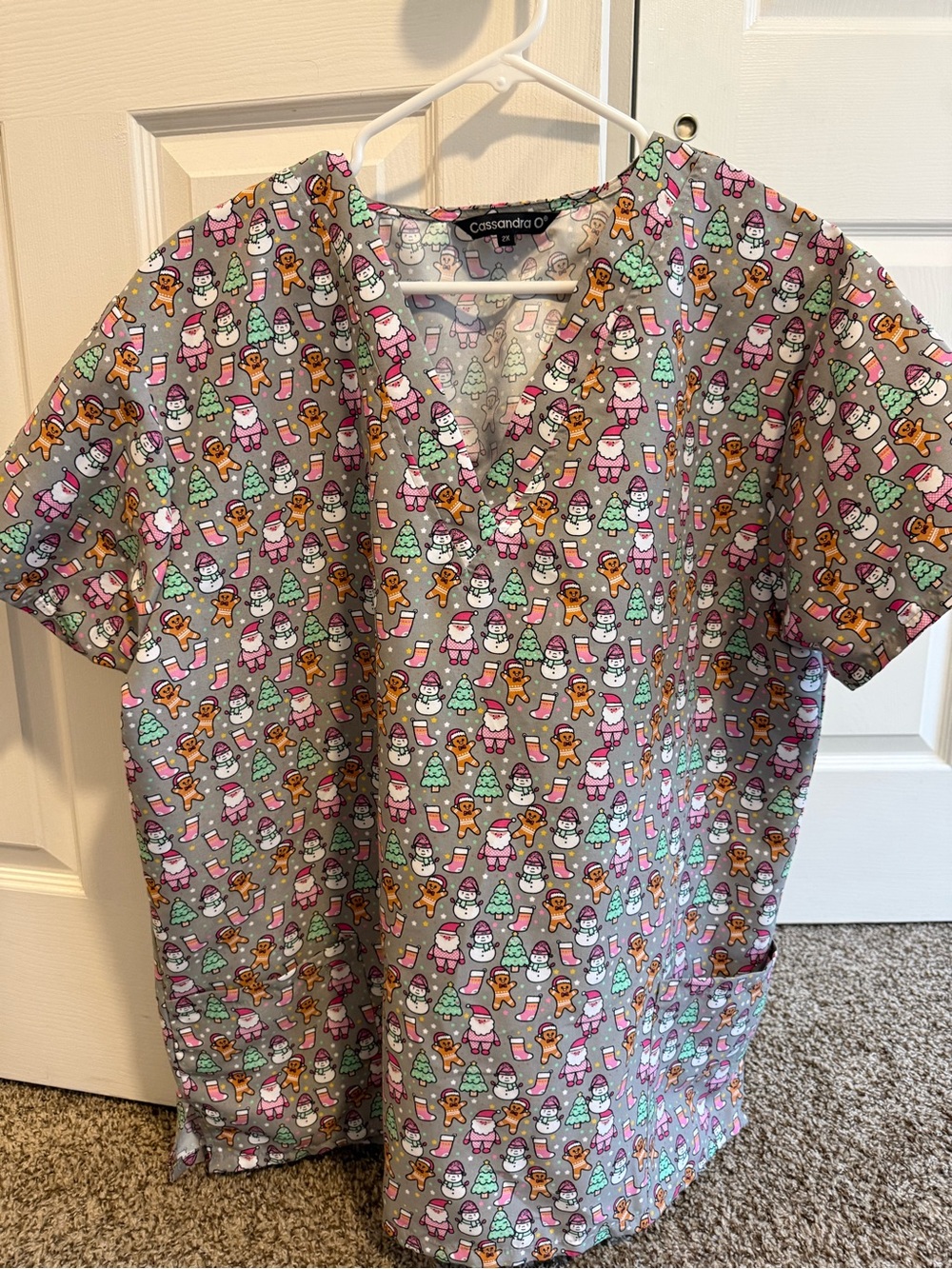 Cassandra O Gray Holiday Print Medical Scrub Top - Gingerbread & Trees